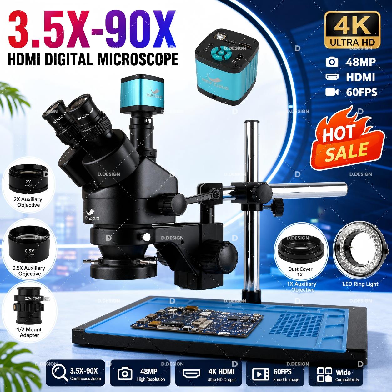 3.5X-100X 산업용 실험실 동시 초점 조정 가능  - Simul-Focal Industrial Microscope 4K Hdmi 리뷰 및 가격